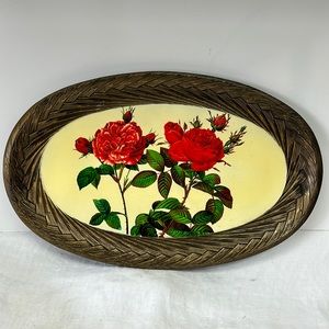 Vintage faux woven basket serving tray with lacquered rosé design centre